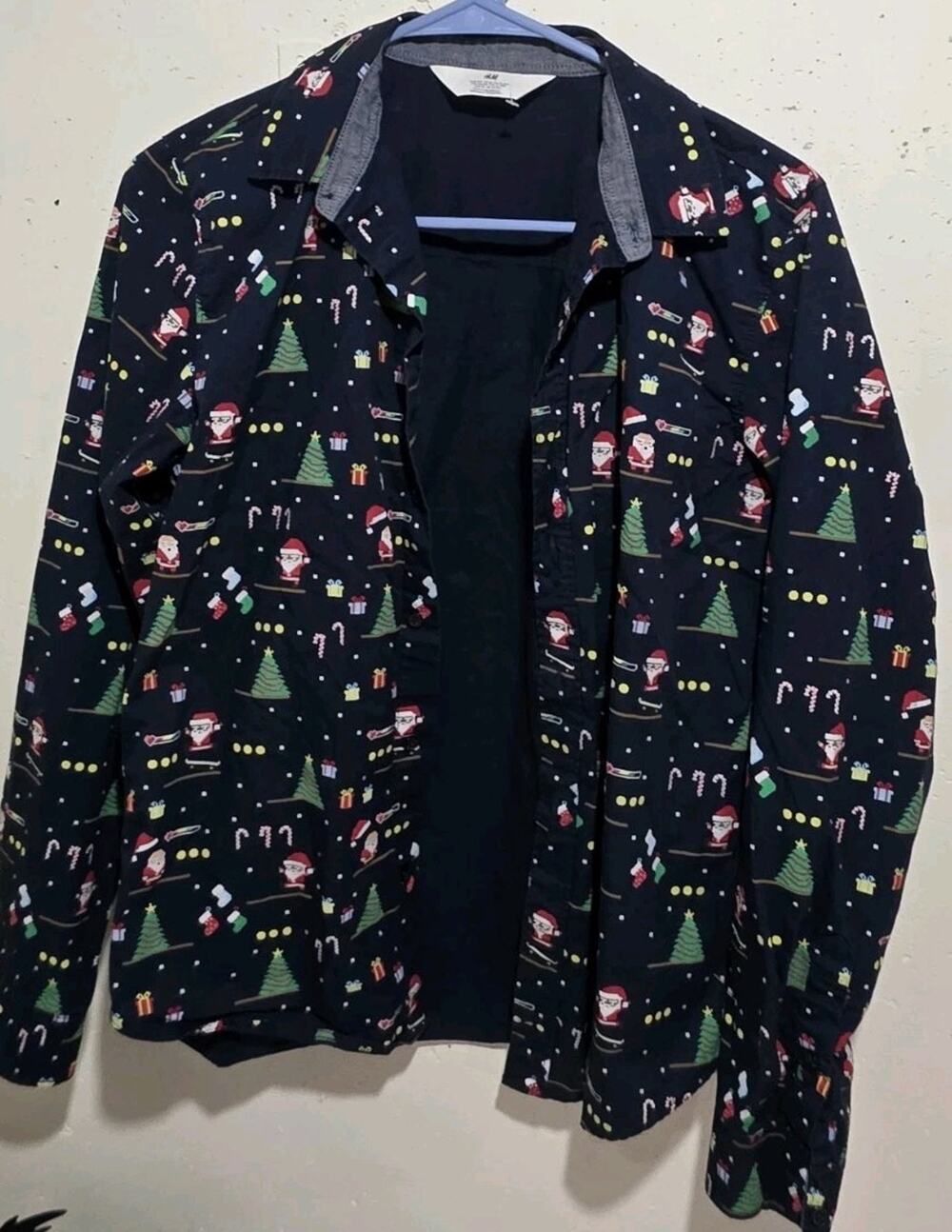 H&M Boy's XL Cotton Long Sleeve Button-Up Santa Christmas Collared Blue